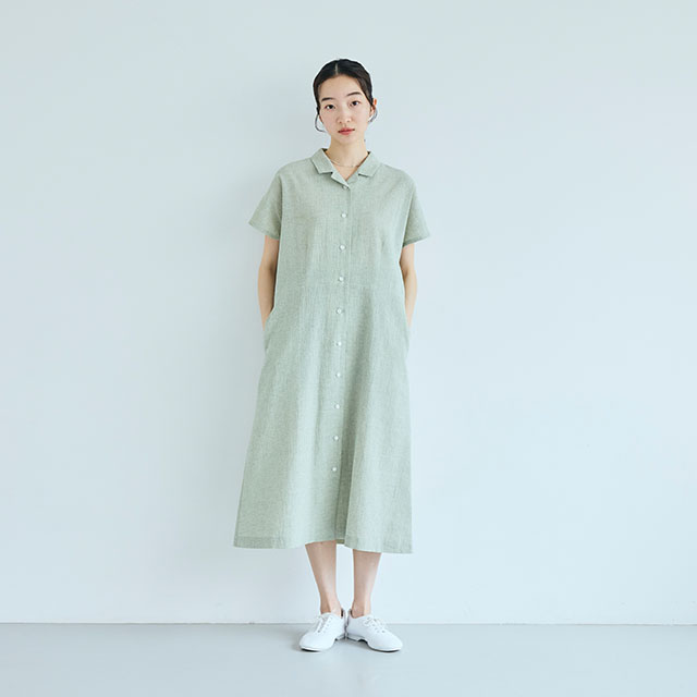 綿麻のちりめん織　開襟ワンピース